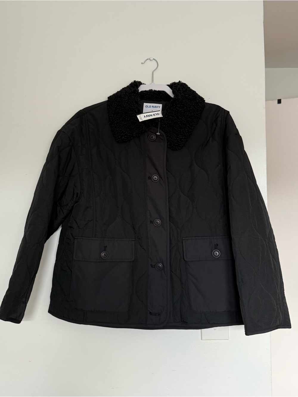 Old Navy Black Quilted Jacket with Sherpa Collar